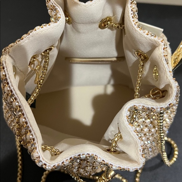 Madison West | Gold Rhinestone & Pearls Mini Tote w/Crossbody Strap - Picture 9 of 13